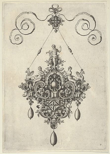 Pendant Design with Apollo Standing on an Arch Flanked by Female Figures Holding Fruit