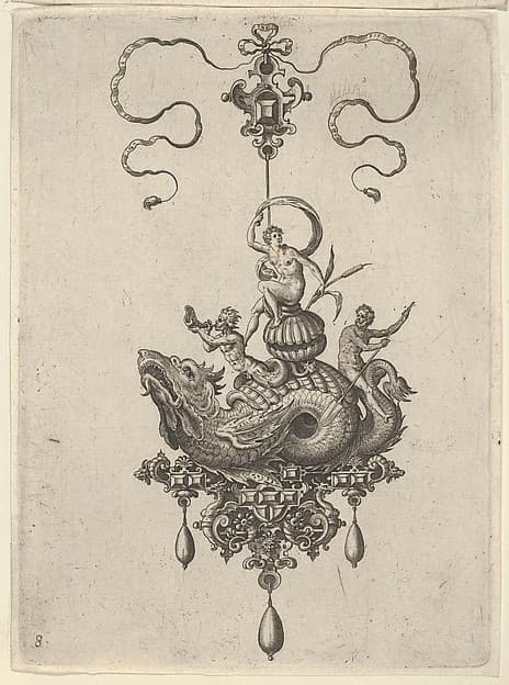 Pendant Design with a Sea Monster Carrying a Woman on a Shell Flanked by a Triton and a Man with an Oar