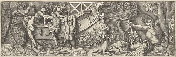 Plate 8: battle between soldiers on a boat and naked men trying to climb in, a river god at right