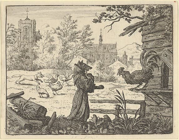 Renard, Disguised as a Monk, Gains the Confidence of the Rooster from Hendrick van Alcmar's Renard The Fox