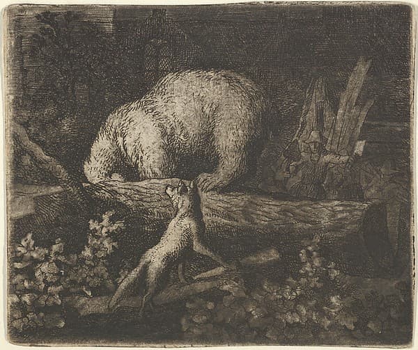 The Bear with His Snout and Forepaws Caught in the Trunk of a Tree from Hendrick van Alcmar's Renard The Fox