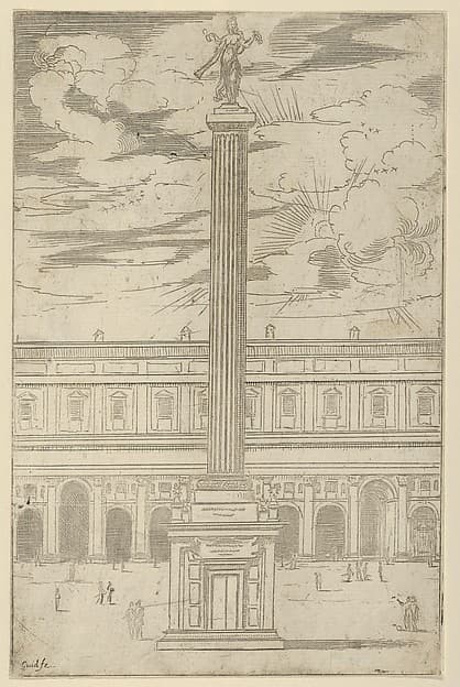 Triumphal column with female figure of Fame holding a trumpet at the top, a temporary decoration for the entry of Pope Clement VIII in Bologna in 1598