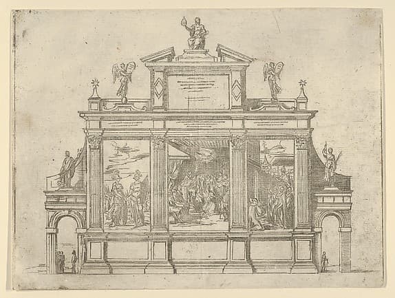 Façade of a triumphal monument with three scenes depicting deeds of Pope Clement VIII, a temporary decoration for the entry of Pope Clement VIII in Bologna in 1598
