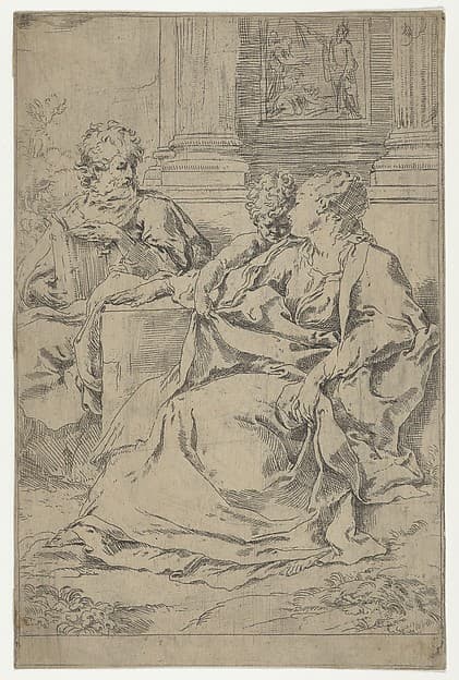 The Holy Family seated together in front of a collonade, Saint Joseph reading and the young Christ grasping the Virgin's drapery
