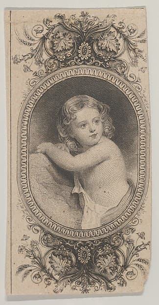 Banknote motif: a child's portrait and two patterned ovals surrounded by a floral frame