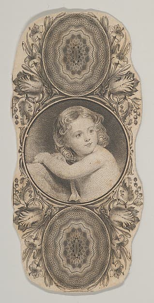 Banknote motif: a child's portrait surrounded by a floral frame