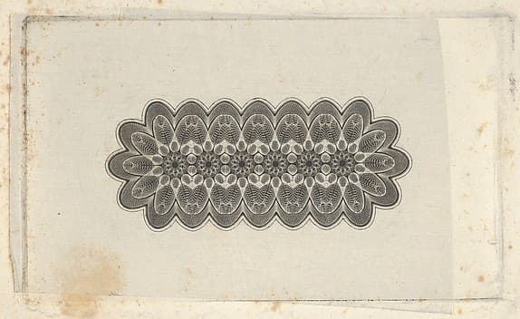 Banknote motifs: panel of lathe work ornament with rounded ends, with a repeating floral pattern