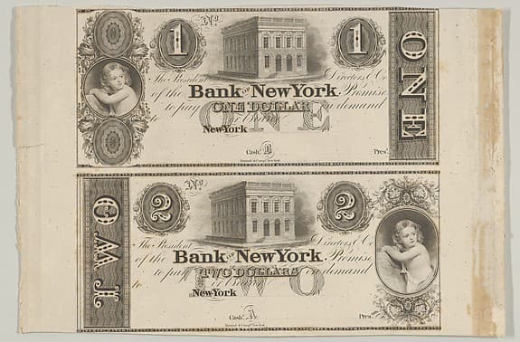 Proofs of Bank of New York One Dollar Bill and Two Dollar Bill
