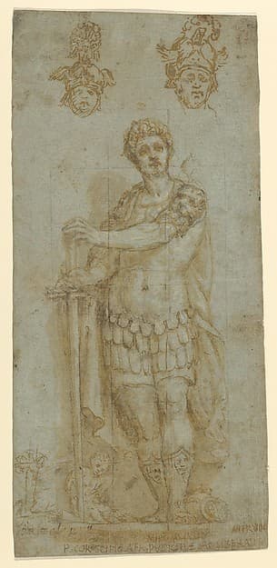 Figure in Roman Dress (Publius Cornelius Scipio Africanus) and Study of Two Helmets (recto); Sketches and Latin Inscription (verso)