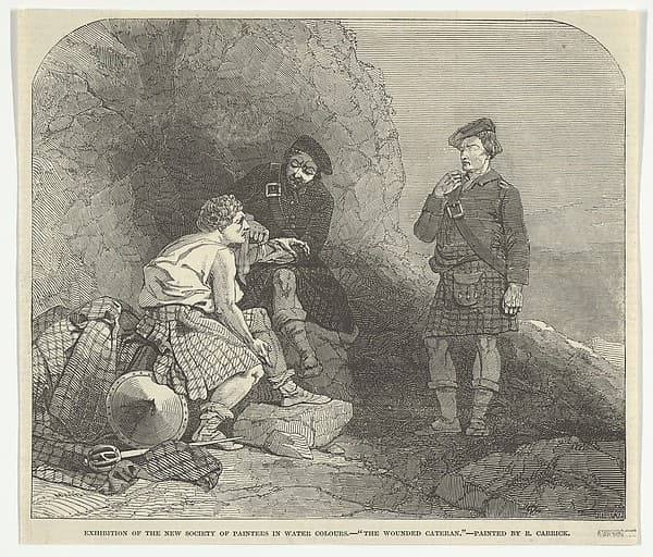 The Wounded Cateran by R. Carrick, Exhibition of the New Society of Painters in Water Colours, from "Illustrated London News"