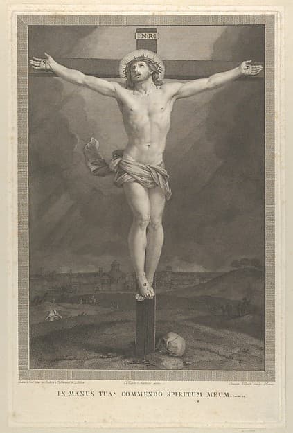 Christ crucified on the cross, a skull at the base, buildings in the background, after Reni