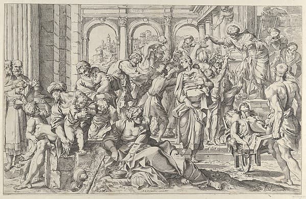 Saint Roch at right distributing alms to a group of people gathered around him, after Annibale Caracci