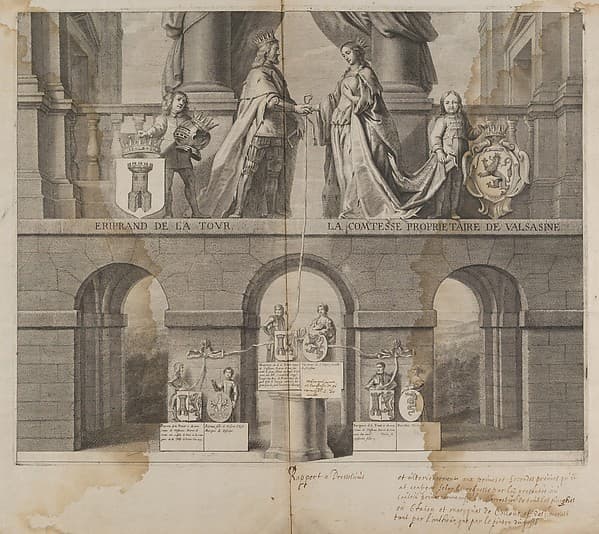 Proof impression with Corrections and Instructions of a Print celebrating the Union and Lineage of Eriprand de la Tour with the Comtesse de Valsasine