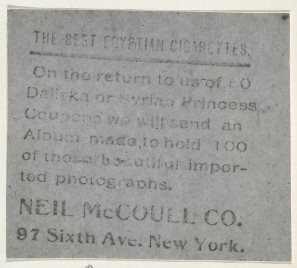 Facsimile of card verso, from the Actresses series (T123, Type 1), issued by Neil McCoull Co.
