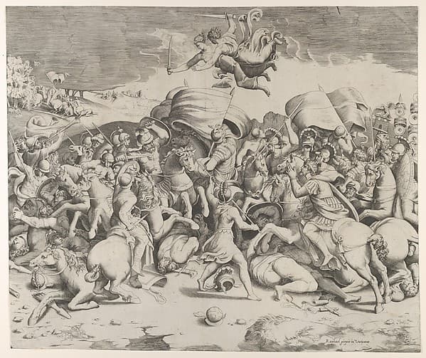 Constantine defeating the tyrant Maxentius, angels carrying swords fly above