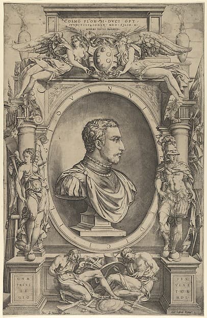 Portrait of Giovanni de' Medici facing right within an elaborate cartouche flanked by Victory at the left and Mars at right, winged figures holding Medici coat of arms top center