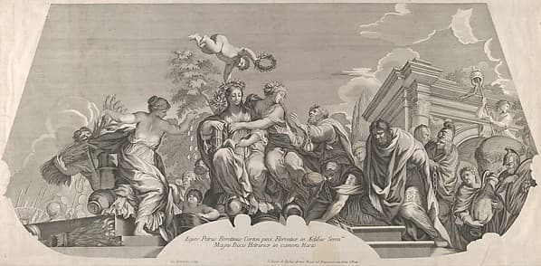 An allegorical composition with Charity and prisoners in chains; a plate from Rossi's series of engravings of Pietro da Cortona's fresco in the Camera of Mars in the Pitti Palace, Florence.