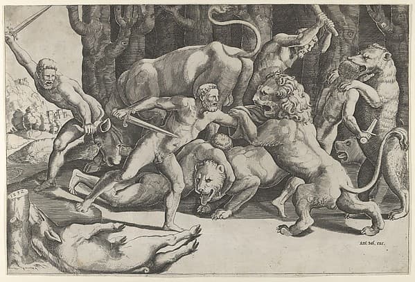 Five men fighting beasts, at lower left is a fallen boar