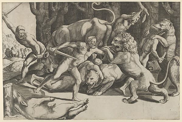 Five men fighting beasts, at lower left is a fallen boar