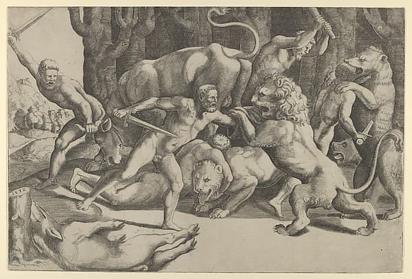 Five men fighting beasts, at lower left is a fallen boar