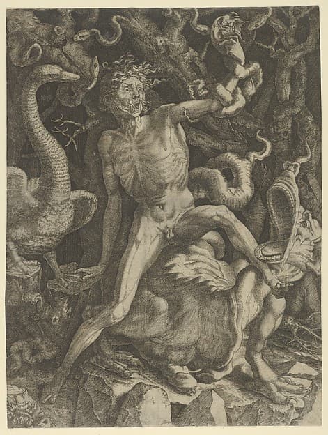Fury personified as an emaciated man astride a monster, holding a skull in his raised left hand