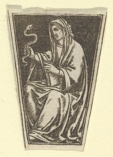 The cardinal virtue of Prudence represented by a seated woman holding a snake in her right hand (possibly a modern impression)