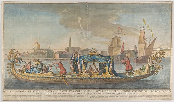The highly ornamented first gondola of Ambassador Giovanni Battista Colloreado entering Venice
