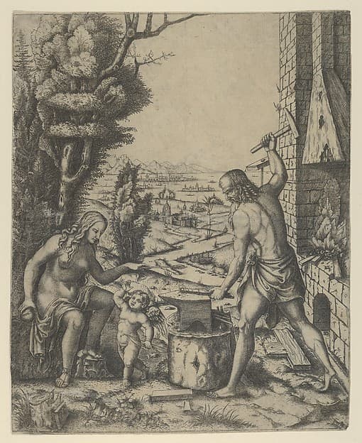 Venus at left holding a golden apple in her right hand and an arrow in her left, Vulcan at his forge beating a piece of iron on an anvil