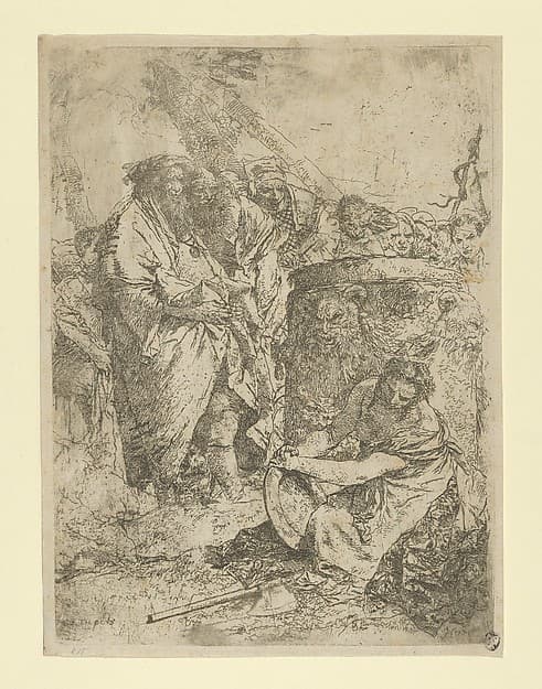 Woman kneeling in front of Magicians and other Figures, from the Scherzi