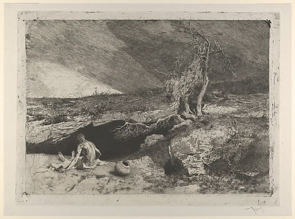 The Anchorite: a partially naked man seated at left in a landscape with what appears to be a long sheet unfolded over his knees