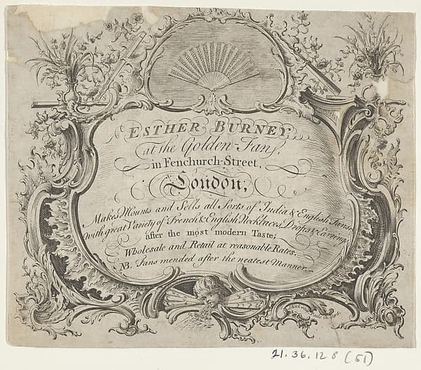 Trade card of Esther Burney, fan-maker