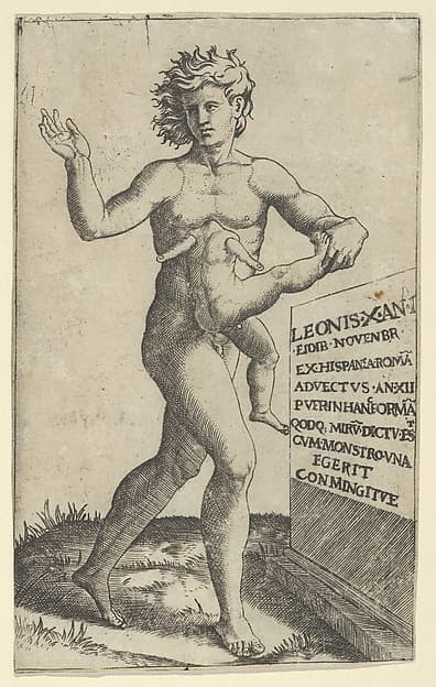 A naked youth holding in left hand a deformed child