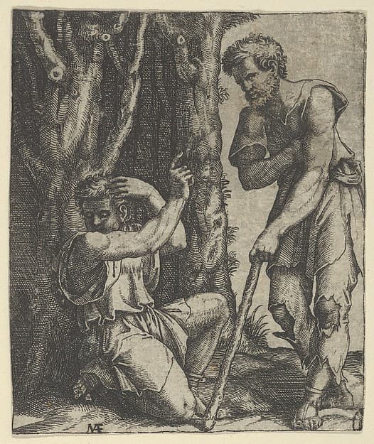 Man kneeling at the edge of a wood pointing with his right hand towards a shepherd standing in front of him leaning on a staff