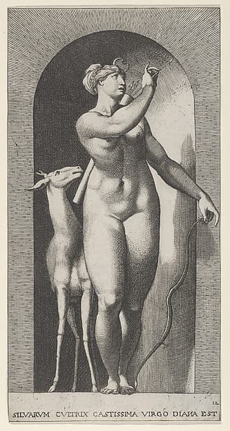 Plate 12: Diana standing in a niche, twisting to her left and pulling an arrow out of a quiver, with a deer to her right, from "Mythological Gods and Goddesses"