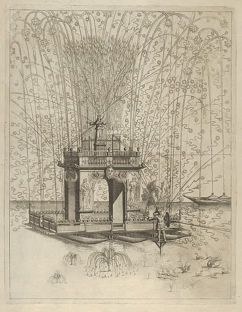 Fireworks display with triumphal arch supported by three pontoons on the water, decorated with symbols of Louis XIV