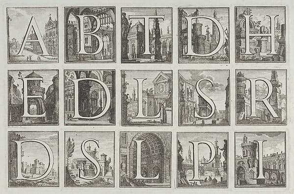 Roman alphabet against architectural backgrounds, from G. P. Zanotti's Il Claustro di San Michele in Bosco di Bologna