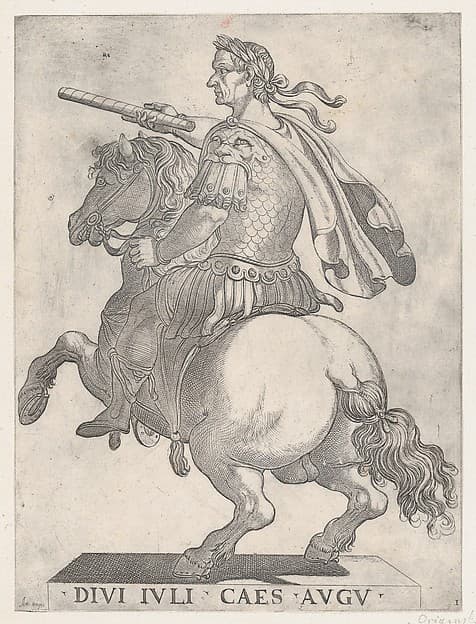 Plate 1: Emperor Julius Caesar on Horseback, from 'The First Twelve Roman Caesars'