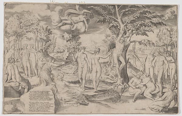 Cupid in the Elysian Fields tied to a tree in the centre, surrounded by many figures
