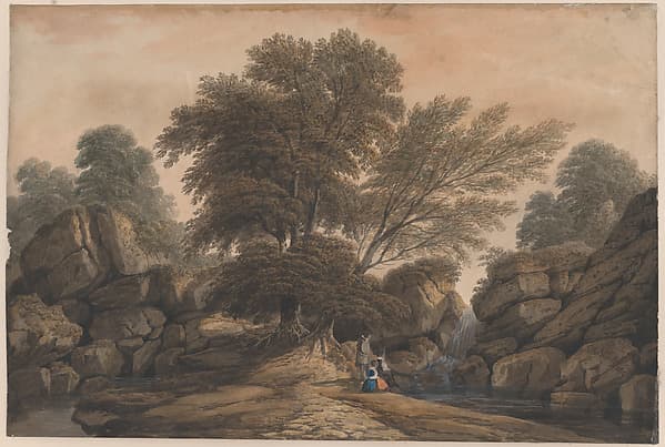 Figures Beside a Waterfall and Pool in a Wooded Landscape