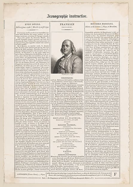 Sheet from "Iconographie Instructive" with portrait of Benjamin Franklin