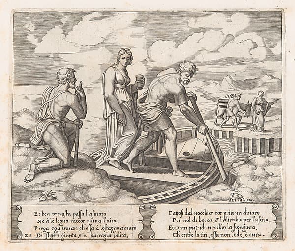 Plate 25: Psyche setting off in Charon's boat, ignoring the old man at left who requests alms, from "The Story of Cupid and Psyche as told by Apuleius"