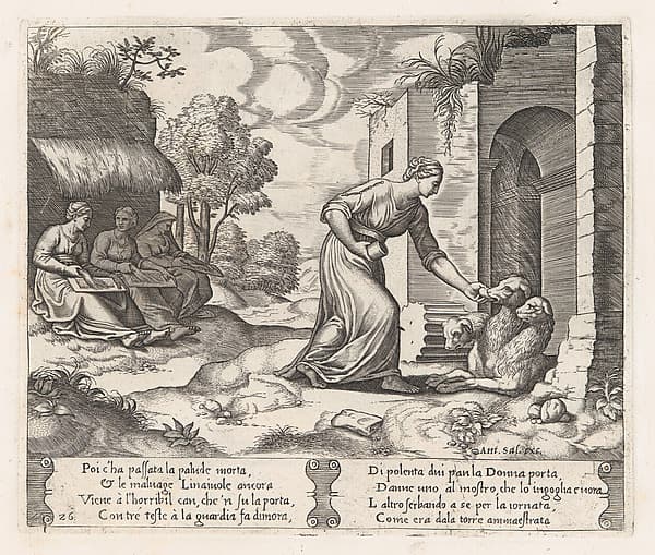 Plate 26: Psyche enters the underworld giving an offering to Cerberus, with two elderly women at left, from "The Story of Cupid and Psyche as told by Apuleius"