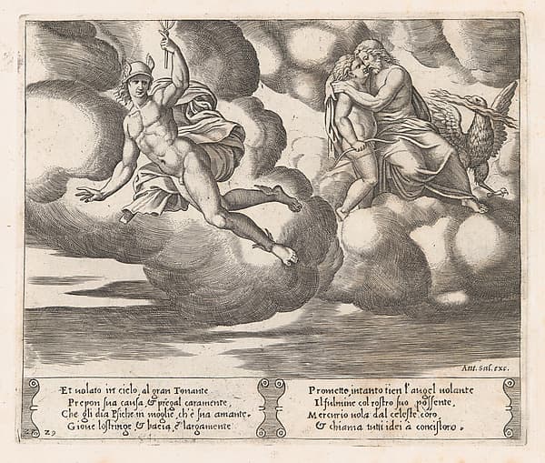 Plate 29: Cupid begging Jupiter to have mercy on Psyche with Mercury at left, from "The Story of Cupid and Psyche as told by Apuleius"