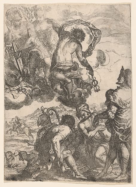 Mercury (Hermes), Juno (?) Mars, and a group of figures below (shepherds, musicians)