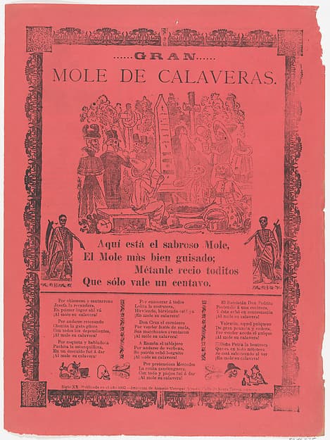The grand skeleton mole, skeletons eating mole and drinking in a cemetery (Posada); flanked by skeletons holding scythes (Manilla)