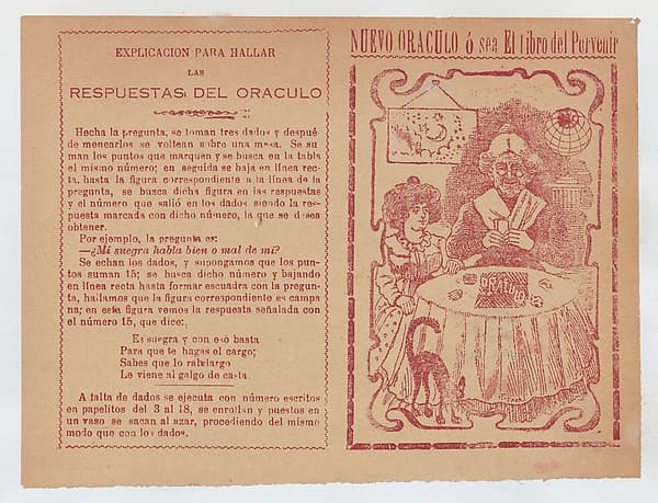 Cover for 'Nuevo Oraculo ó sea El Libro del Porvenír', an old women seated at a table and reading someone's fortune from cards