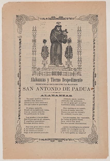 Broadsheet relating to Saint Anthony of Padua who is shown holding the Christ child flanked by a candelabra with flowers