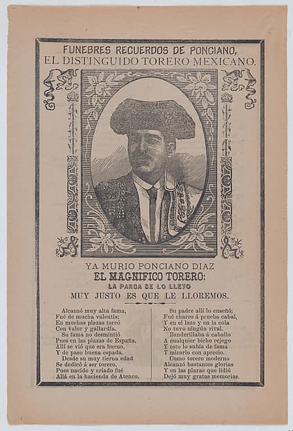 Broadsheet relating to the death of a torero named Ponciano Diaz who is portrayed