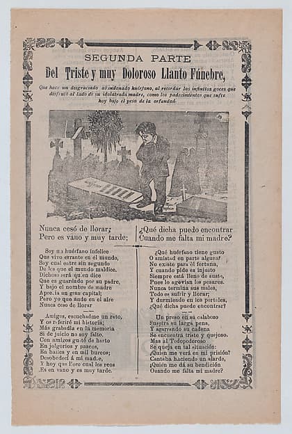 Broadsheet relating to the plight of an orphan, young boy mourning in a cemetery