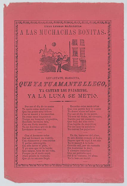 Broadsheet with a ballad about a man who stands outside his lover's window and sings to her